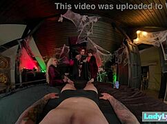 Three curvy witches in lingerie cast spells with big tits and monster cocks on Halloween