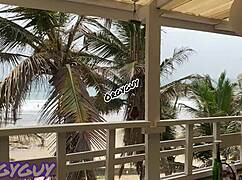 ebony housewife sneaks pussy flash at beach house outdoors