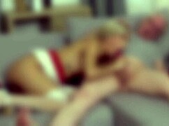 Horny Blonde Santa Slut Fucks Grandpa Around Christmas Tree in Heels Stockings Cum Swallow