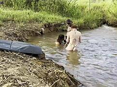 outdoor sex by river two hotties suck ride creampie inside