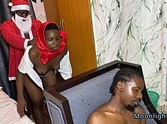 Ebony babe sneaks xmas bbc behind stepdad