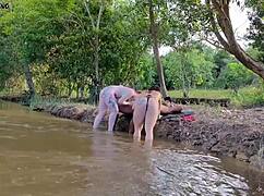outdoor sex by river two hotties suck ride creampie inside