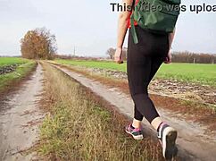 Sexy milf in skin-tight black leggings and spandex struts teasing her perfect yoga ass voyeur style