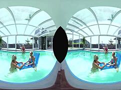 Big tits blonde joins poolside foursome for hardcore ass and pussy fun