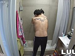 grossy's smooth legs and shaved pussy gleam wet in steamy shower tease