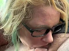 glasses-wearing hooker teases with deep sensual sucks swallowing every cum drop in public car