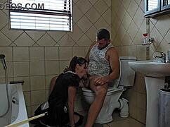 Humiliated milf slut kneels sucking cock desperately on toilet