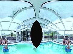 Big tits blonde joins poolside foursome for hardcore ass and pussy fun