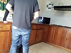 quick kitchen fuck with cute shaved teen wife bent over counter 😏