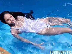 Helen Star slips into white swimwear by the pool, her big natural tits teasing wet skin