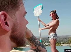my shemale poolgirl kalli grace bends over poolside so i slurp her thick tranny cock deep