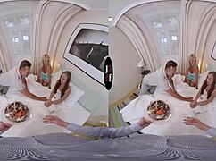 Blonde Brunette Handjob Blowjob Leads to Taboo Holiday Orgasms