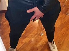 sexy moans and cumshot with piss play in leather jacket dirty talk handjob