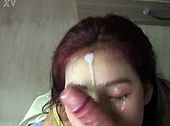Cum Covered Cutie Rubs Load Over Face