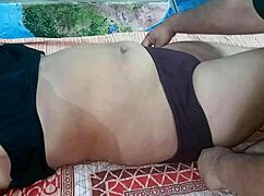 Up close, Maddy May rides Seth Gamble's huge cock missionary outdoors