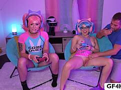 small titted girlfriends team up for outdoor threesome fun