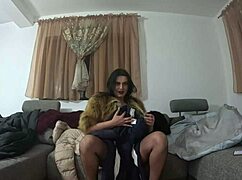 fur jacket goddess slaps tight pussy with new huge toy