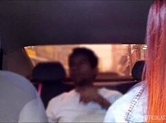 blindfolded redhead catches driver masturbating behind her in car