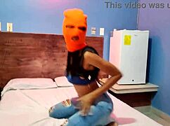 brunette stepsister shakes hips sexy in mask then strips naked hotel halloween