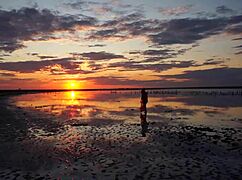Mature woman strolls outdoors by Elton Salt Lake at red sunset with small tits exposed
