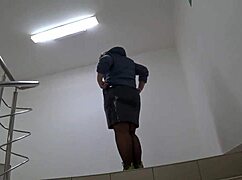 hey, check these fat juicy legs in nylon pantyhose under her skirt in the mall...