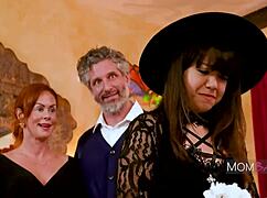 cutie stares weird at huge cock then deepthroats it eagerly