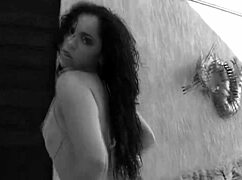 Latina mommy milf takes double penetration gaping her asshole on bed in heels