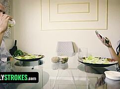 Perfect Assed College Girl Sneaks Under Table SUCKS STEPDAD'S COCK in Front of Stepmom CFNM