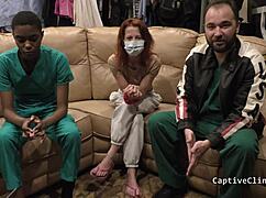 nurse jewel handcuffs patient in latex gloves for backstage pov tease