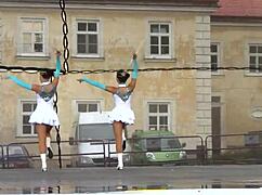 Two Busty Cheerleader Majorettes Show Off Assets