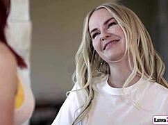 Busty maids sneak pussy licking and muff diving on boss bed with big natural tits