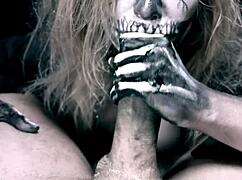 skeleton halloween girl deepthroats monster cock in horror parody cumshot