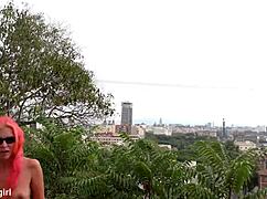 Skinny Spanish Slut Flashes Shaved Pussy on Barcelona Streets