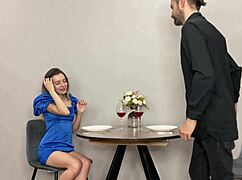 After our date she bends over the sofa for rough fucking in her tight pussy