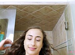 brunette glow-up queen strips down for long steamy shower bath