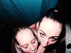 the girl next door and her brunette friend share a double blowjob in the bathroom