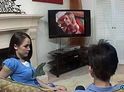 Creepy Stepdad Fingers Asian Milf's Trimmed Pussy Watching Porn