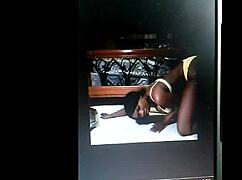 Ebony Jessica Grabbit teases hairy pussy with rabbit toy in highlights.