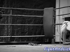 Big tits European lesbian babes lick shaved pussies finger 69 after wrestling bout muff diving