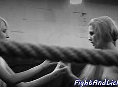 Big tits European lesbian babes lick shaved pussies finger 69 after wrestling bout muff diving