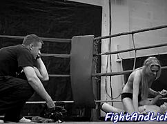 Big tits European lesbian babes lick shaved pussies finger 69 after wrestling bout muff diving