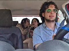 stranded lesbian hitchhikers share my cock for double bj outdoors