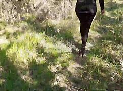 Sexy amateur struts in high heels through forest pantyhose teasing big ass outdoors