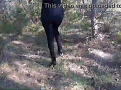 Sexy amateur struts in high heels through forest pantyhose teasing big ass outdoors