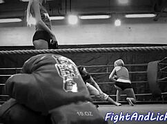 Big tits European lesbian babes lick shaved pussies finger 69 after wrestling bout muff diving