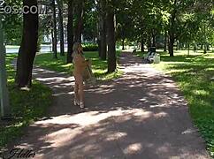 blonde cutie flashes big tits and goes nude risky in st petersburg public streets