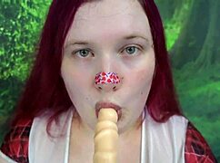 chubby redhead tgirl shakes booty then rides dildo deep closeup