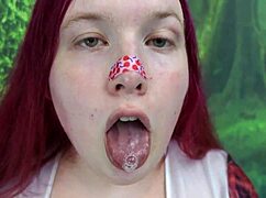 chubby redhead tgirl shakes booty then rides dildo deep closeup