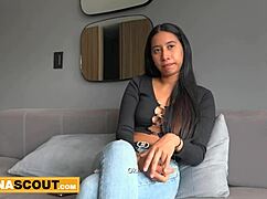 Slim latina model teases then rides massive cock post casting