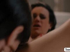 cute shemale dives tongue-first into busty bestie's juicy pussy